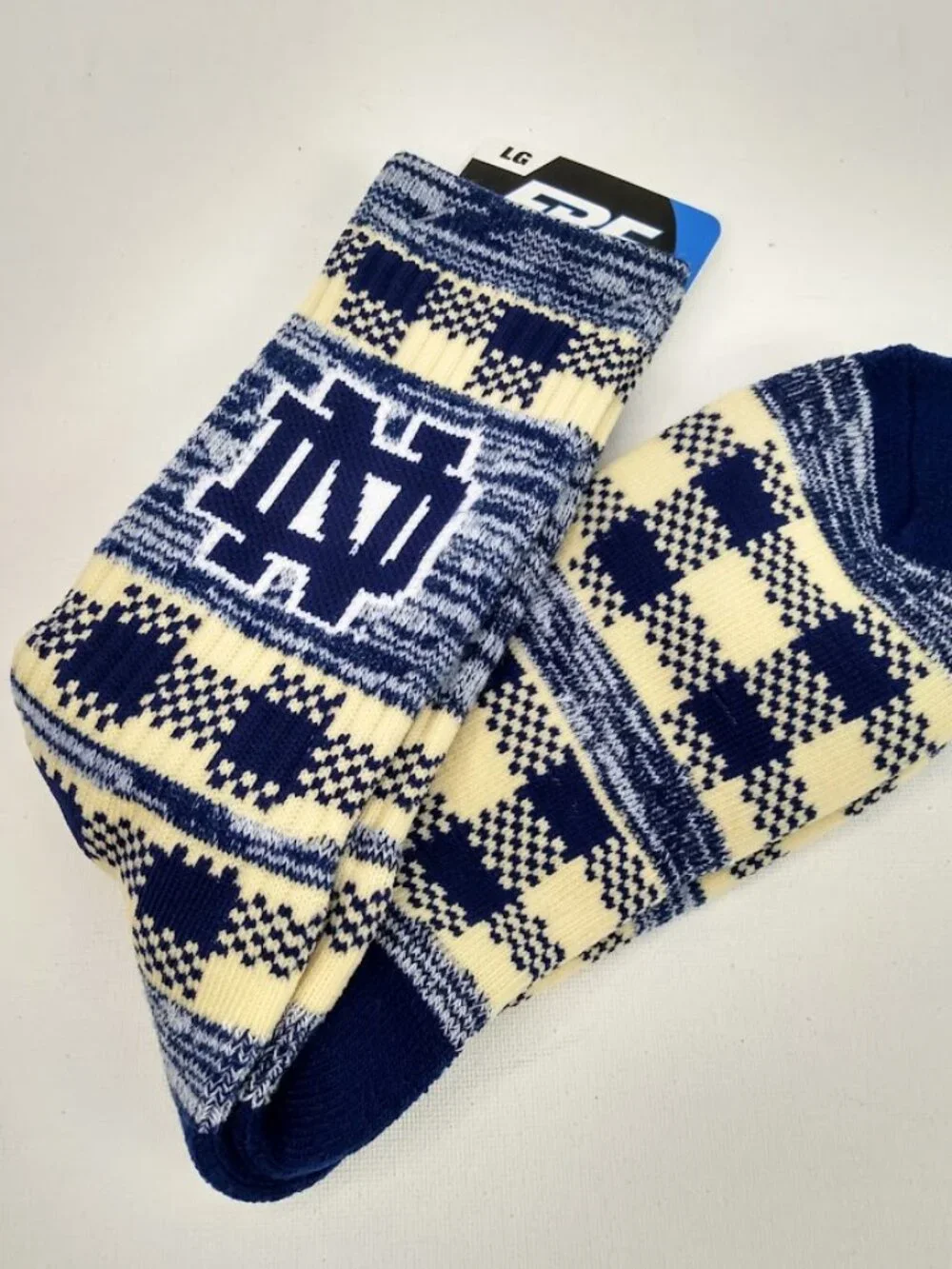New Notre Dame FBF Casual Game Day Crew Socks Blue Cream Size Large 10-13